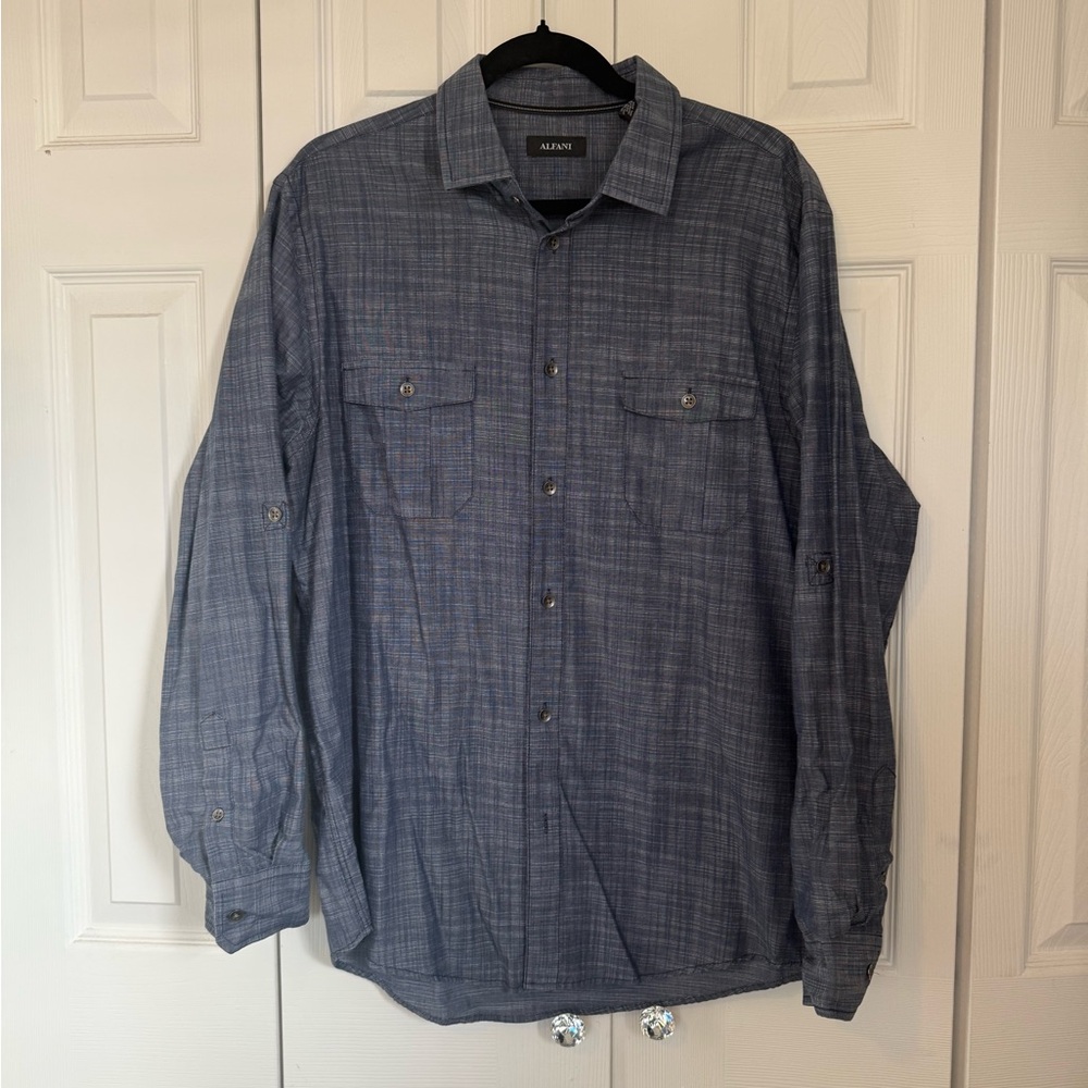 Alfani Blue Gray Plaid Long Sleeve Shirt
